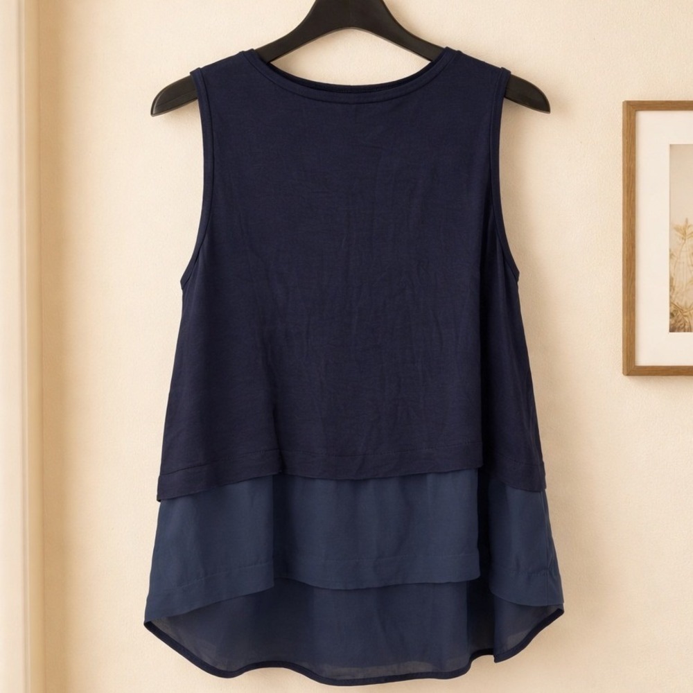 Michael Kors Layered Tank Top Womens XL Navy Blue Chiffon Hem Blouse - Picture 3 of 6